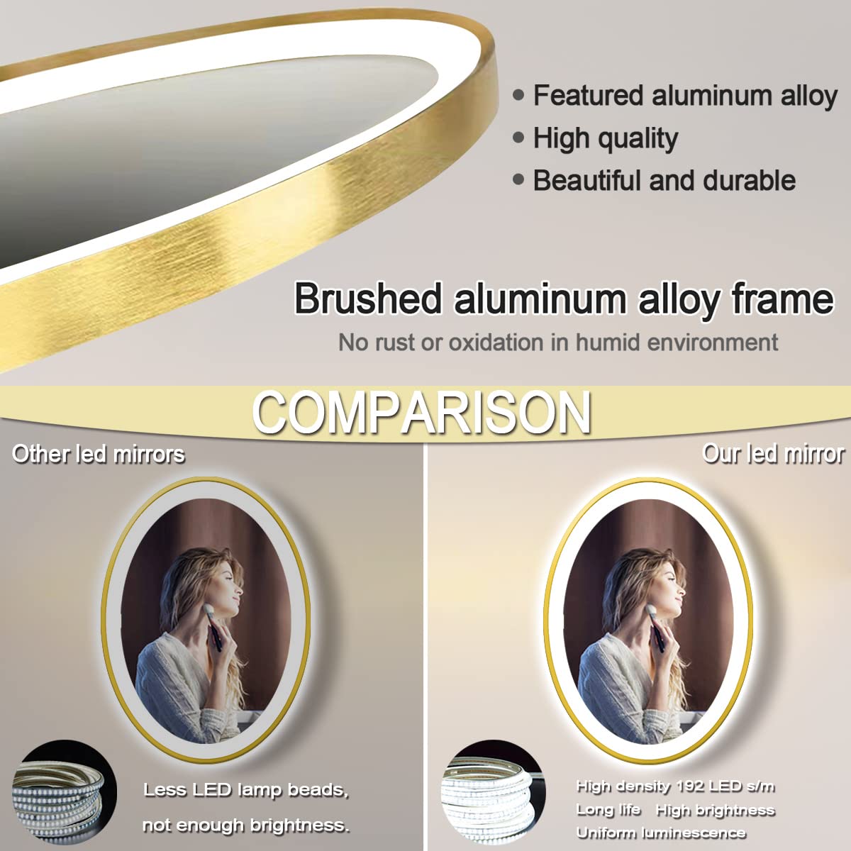 30x20 Inch Oval LED Bathroom Mirror - Gold Frame with Anti-Fog