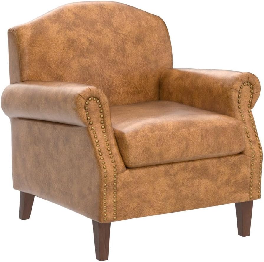 Set of 2 Faux Leather Accent Chair with Retro Wood Legs, Comfy Upholstered Armchair
