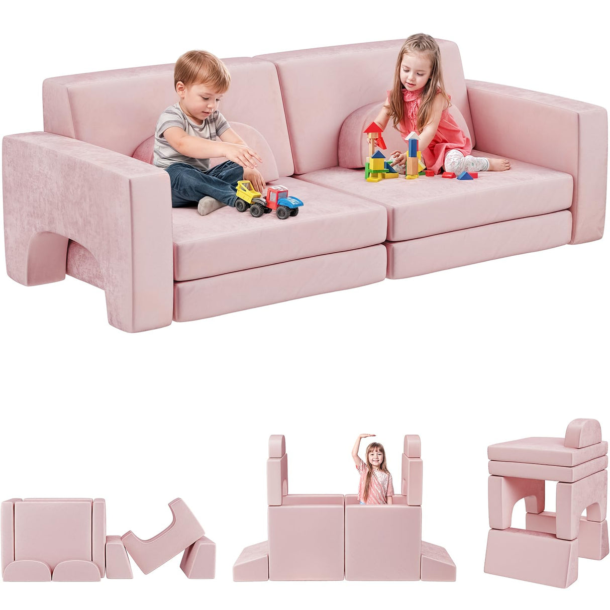 Couch, 10PCS Modular Kids Play Couch, 3s Instant Inflating Nugget Couch Kids for Boys and Girls, Creative and Convertible Kids Couch for Playroom, Bedroom, Classroom, Pink
