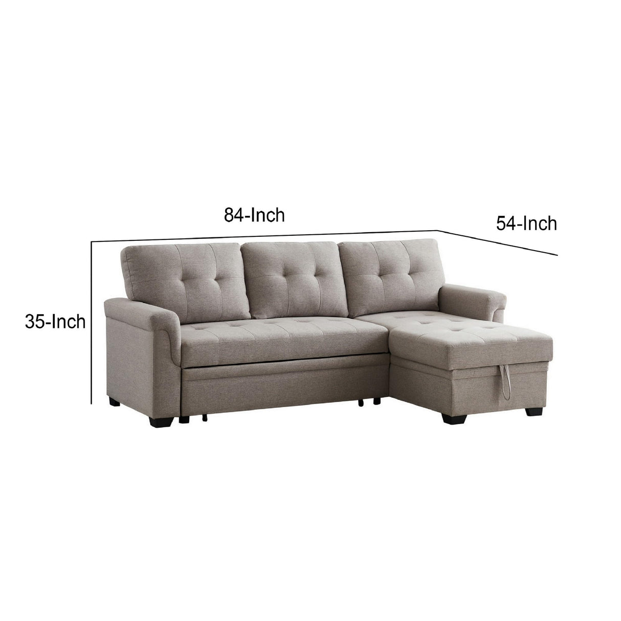 84 Inch Reversible Sleeper Sectional Sofa, Storage Chaise, Light Gray