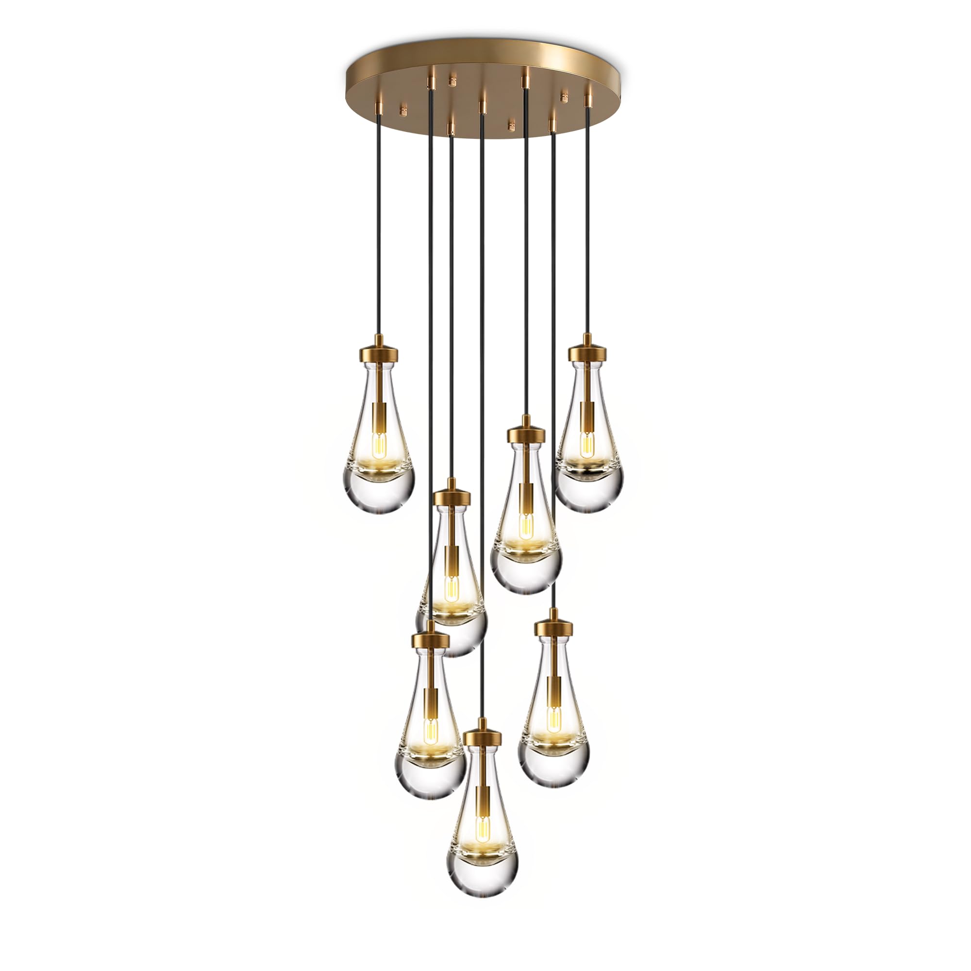 YUEXPAND H100'' High Ceiling Chandelier for Entryway,Modern Raindrop Chandeliers for Living Room,Brass 7 Light Adjustable Rope Teardrop Pendant Lights Kitchen Island for Hallway/Staircase