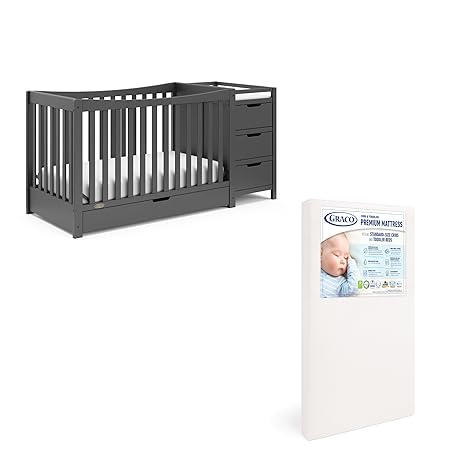 4-in-1 Convertible Crib & Changer with Drawer (Gray) – GREENGUARD Gold Certified, Crib and Changing -Table Combo, Includes Changing Pad, Converts to Toddler Bed, Daybed and Full-Size Bed