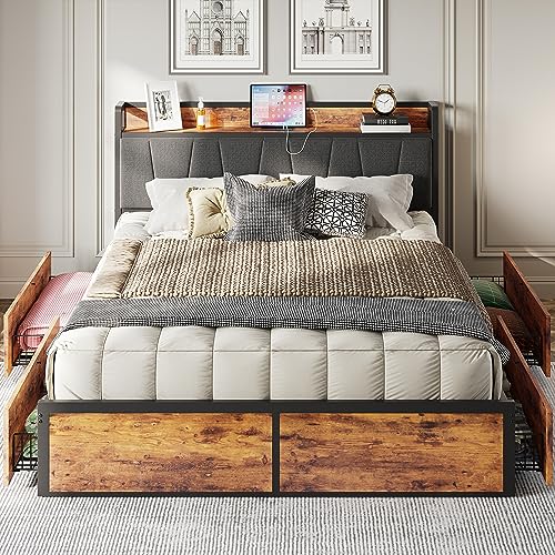 Queen Bed Frame with 4 Storage Drawers, Platform Bed