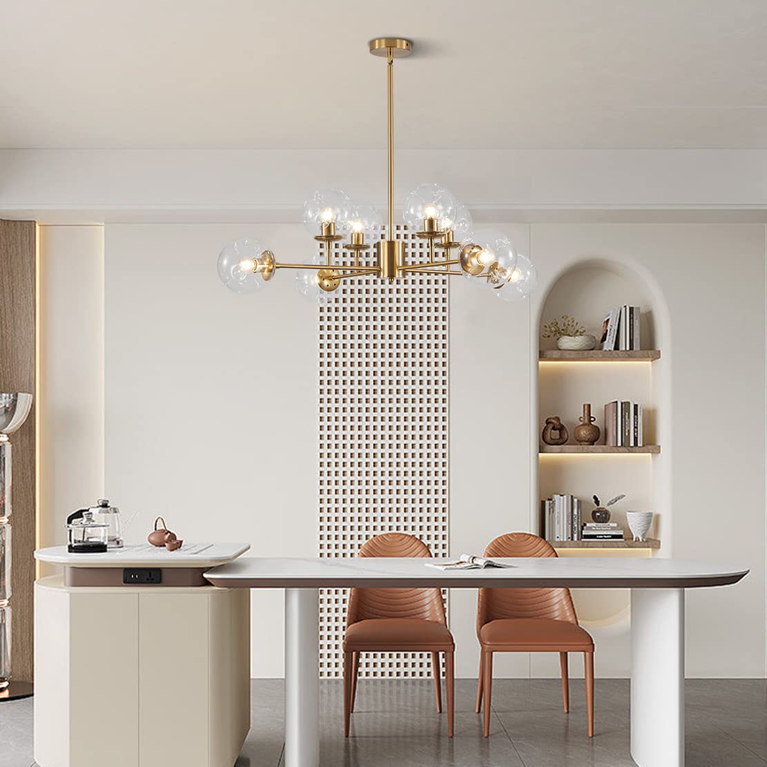 BOKT Modern 8-Lights Clear Globe Gold Chandelier Mid Century Brushed Brass Sputnik