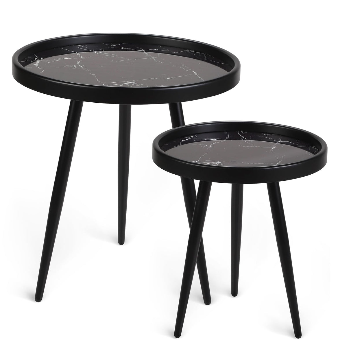 Round Side Table Set of 2,Black Marble Pattern Tray Shaped Small End Table