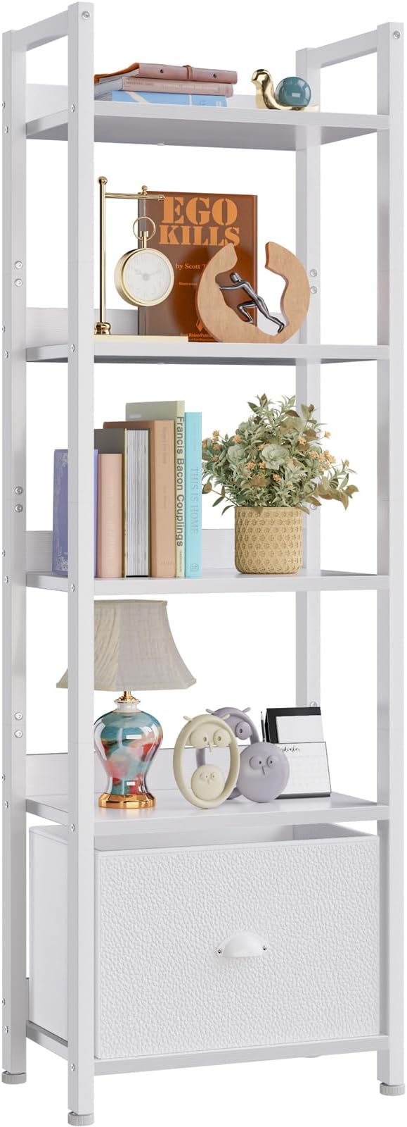 5 Tier Bookshelf with Drawer, Tall Narrow Bookcase with Shelves, Wood and Metal Book