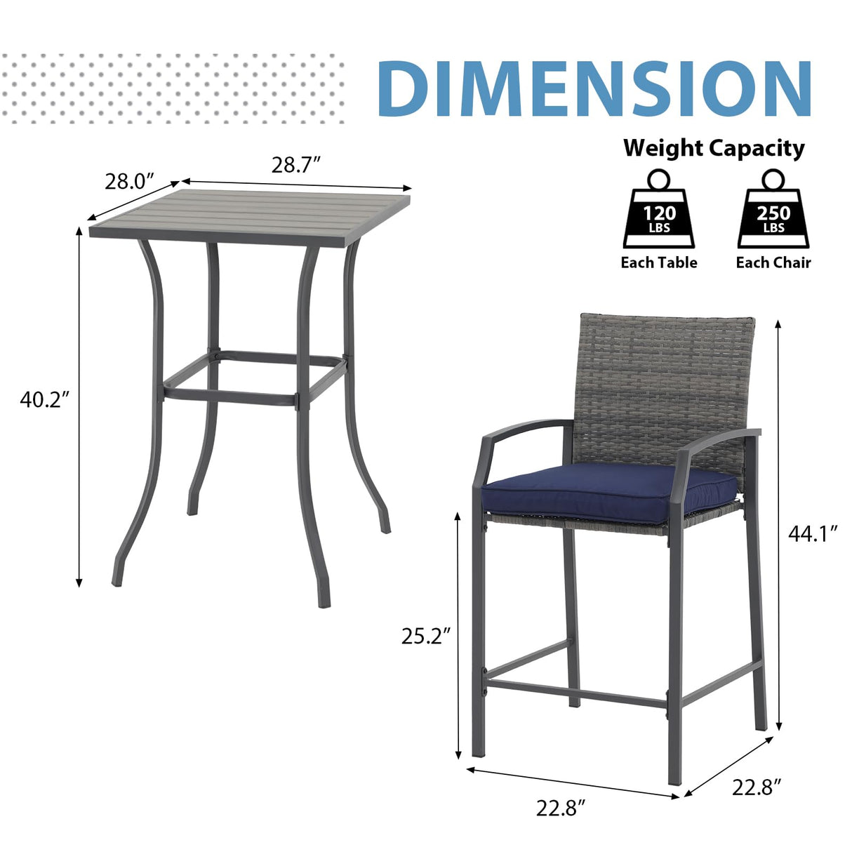 JOIVI 3 Piece Patio Bar Set, Outdoor Wicker Counter Height Bar Stools and Wood Top Table Set for 2 People, Bar Height Table Bistro Set with 2 Bar Chairs and Cushions for Backyard, Balcony