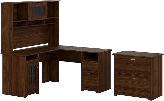 Cabot 60W L Shaped Computer Desk with Hutch and Lateral File Cabinet in Reclaimed