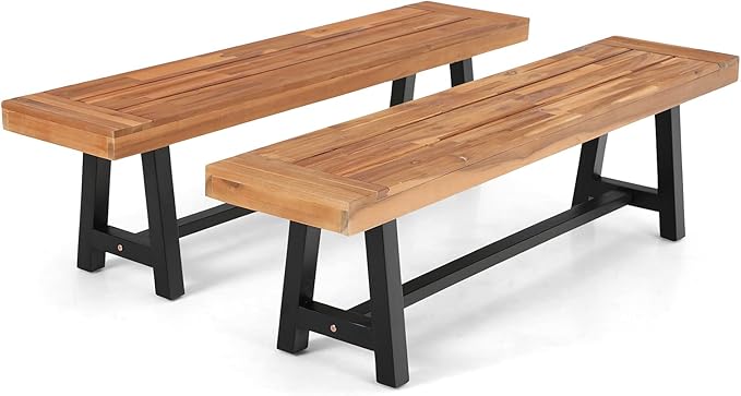 Outdoor Patio Bench 63" Long Rectangular Acacia Wood Dining Picnic Furniture Benches