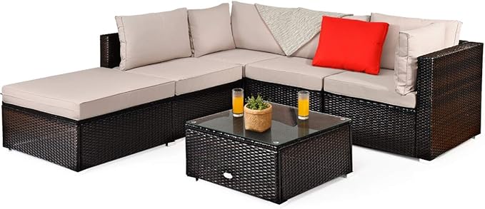 6 Piece Patio Furniture Set - Outdoor Sectional Sofa with Coffee Table