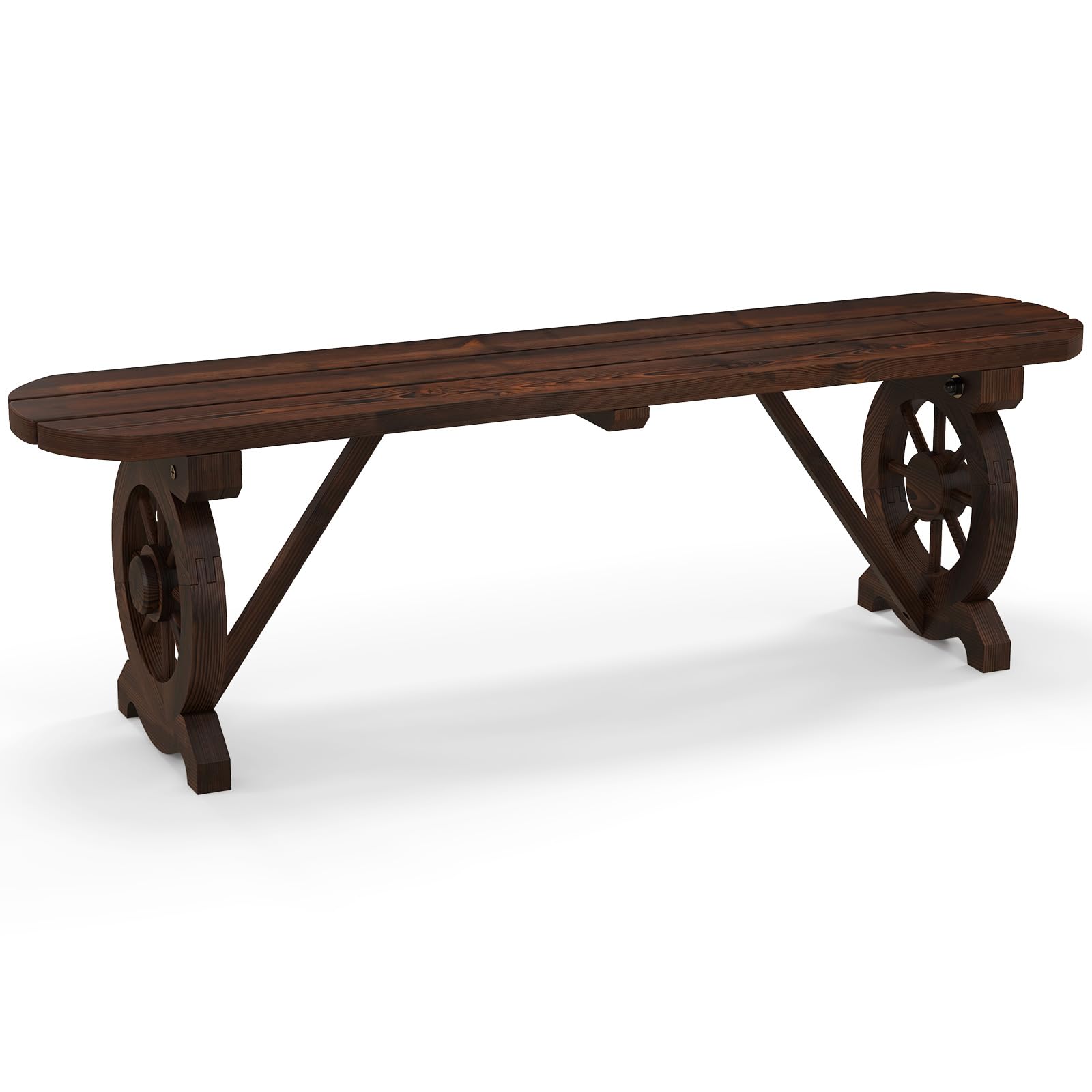 Patio Rustic Wood Bench, Carbonized Wood Long Bench with Wagon Wheel Basce