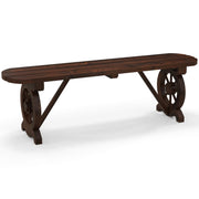 Patio Rustic Wood Bench, Carbonized Wood Long Bench with Wagon Wheel Basce