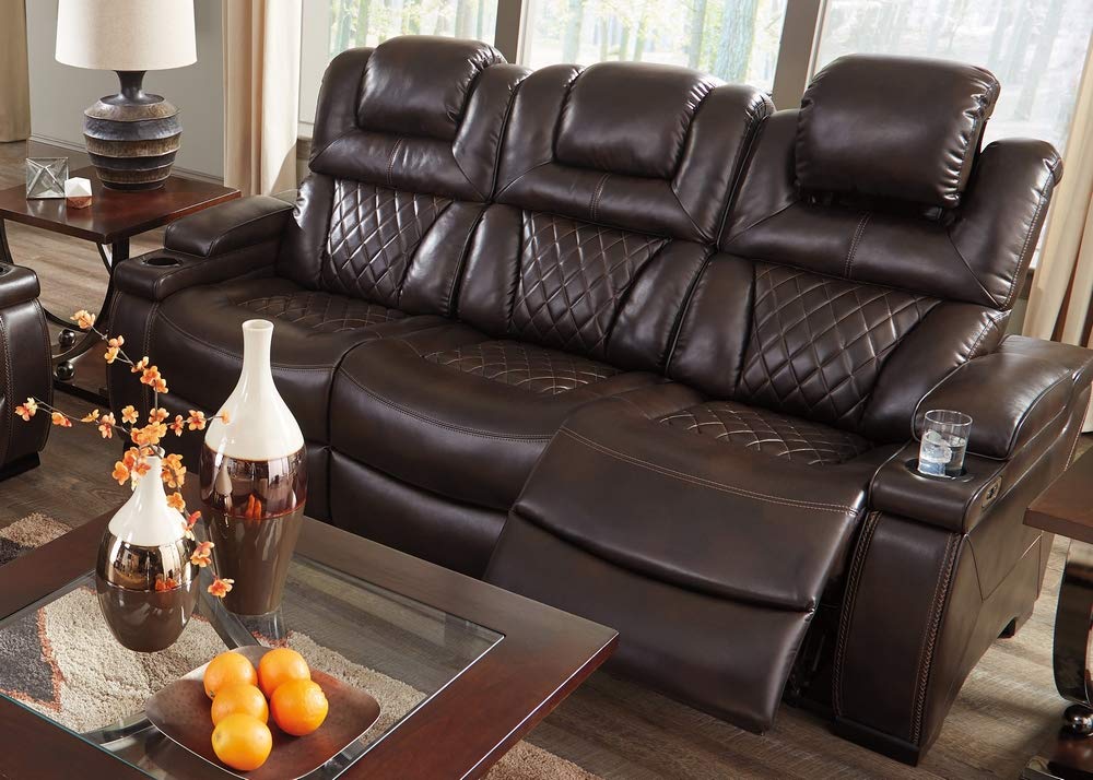 Warnerton Faux Leather Power Reclining Sofa with Adjustable Headrest, Brown