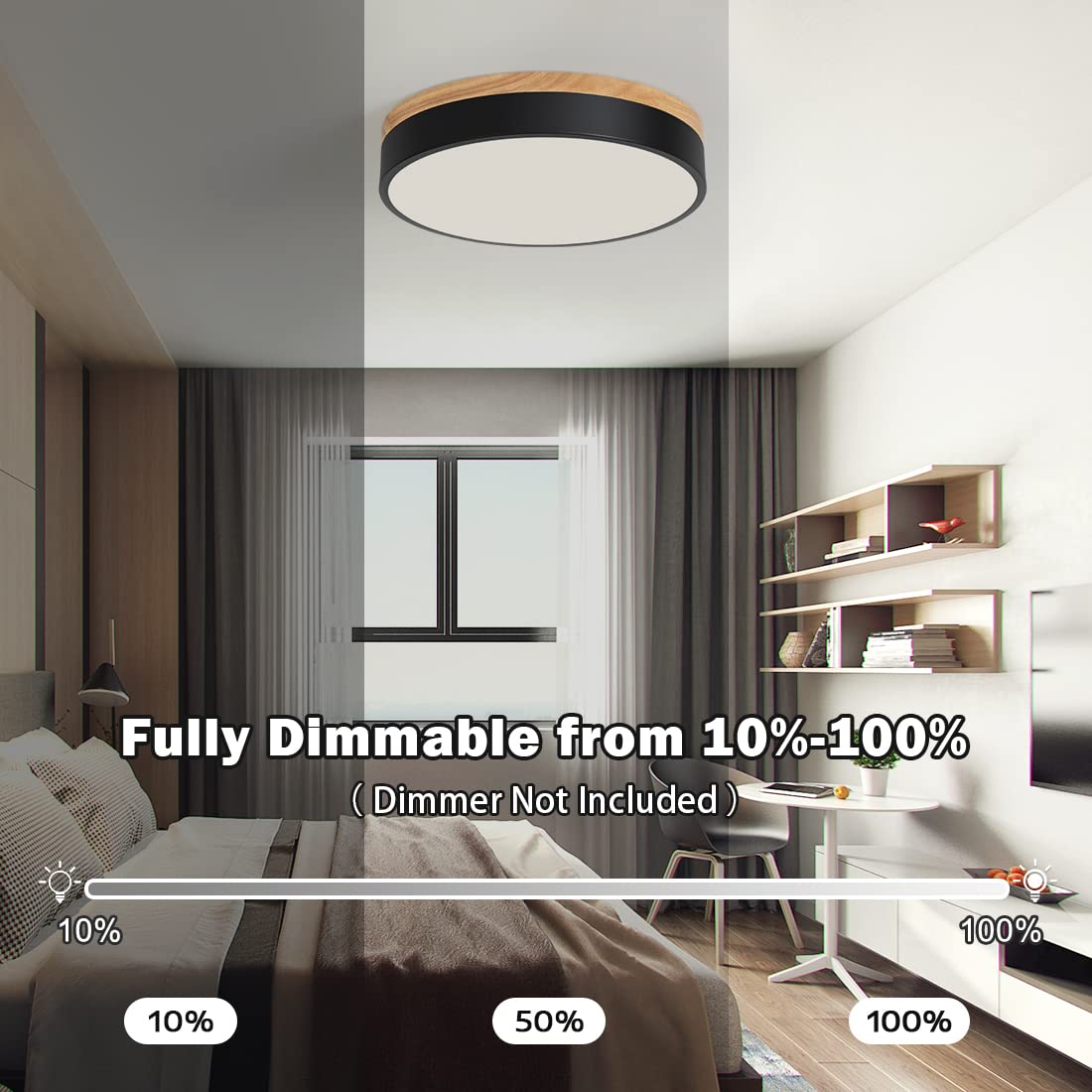 Modern Dimmable Wood LED Close to Ceiling Light, 2700K-6000K 5CCT Round Black