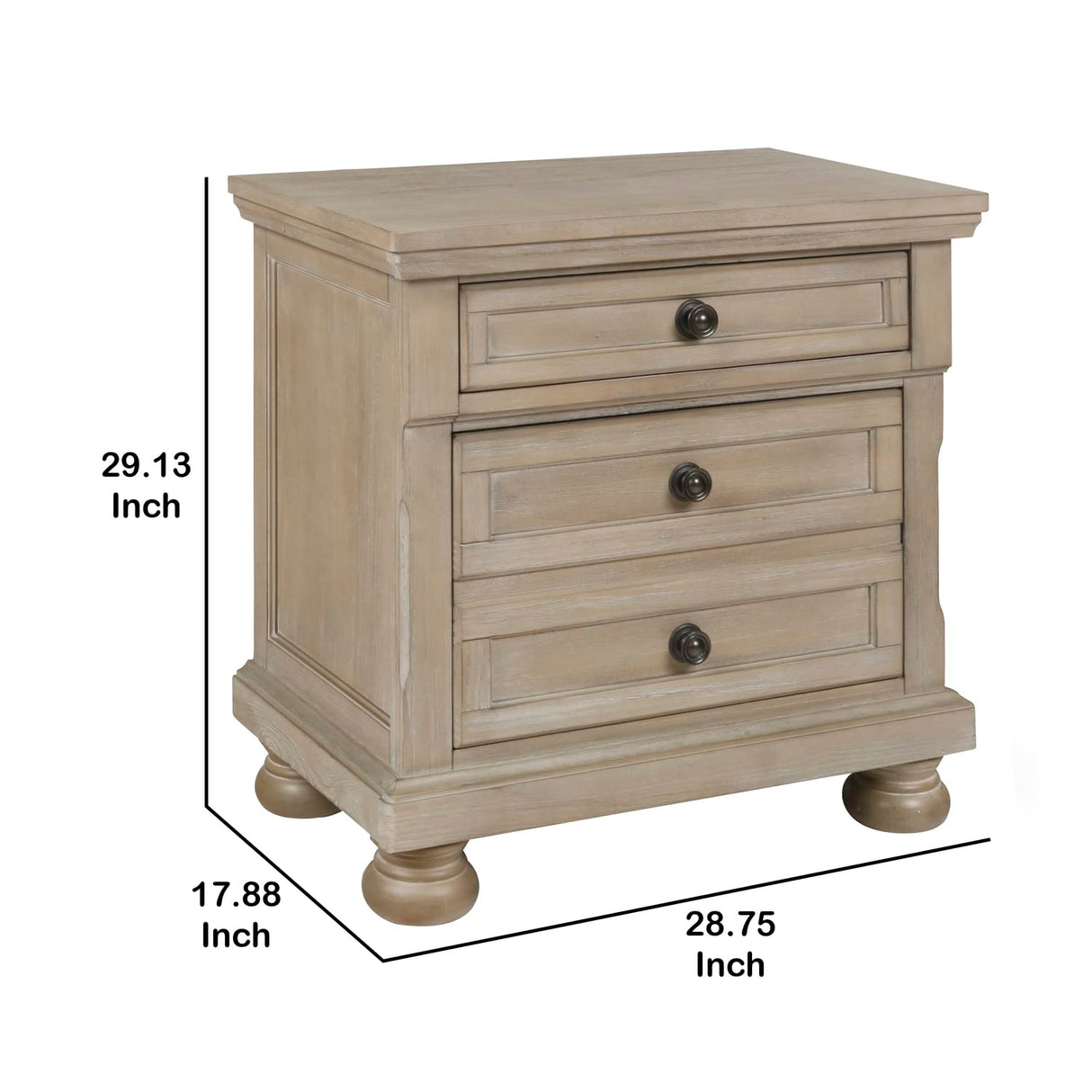 Drawer Wooden Nightstand with Round Knobs and Bun Feet, Weathered Brown