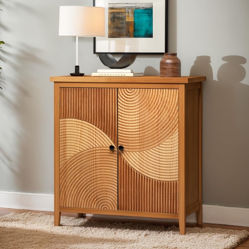 Geometric Wood Storage Cabinet with 2 Carved Doors – Natural Sideboard Console
