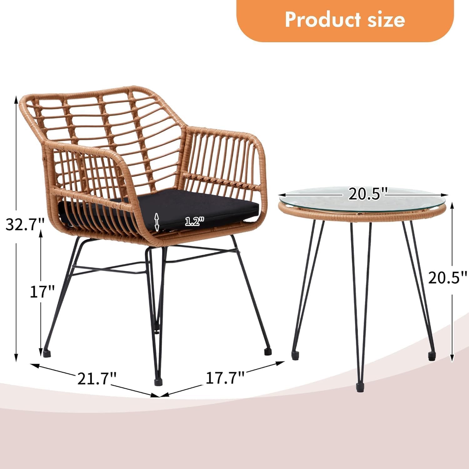 3 Pieces Wicker Patio Bistro Furniture Set, Includes 2 Chairs and Glass Top Tabler