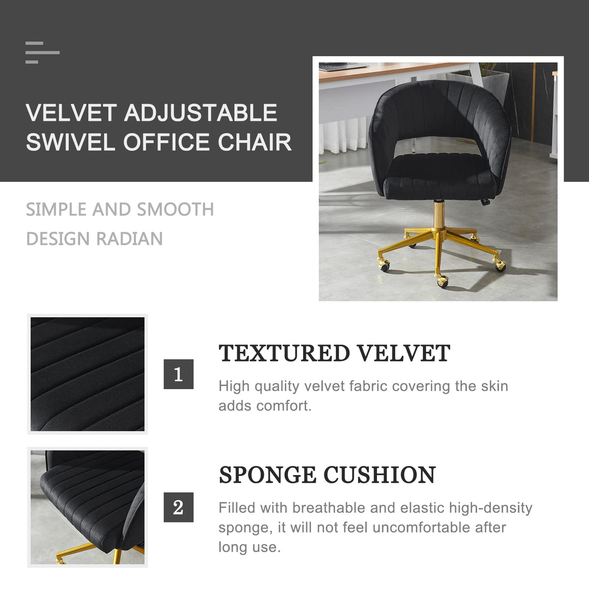 Black Velvet Office Chair with Gold Base