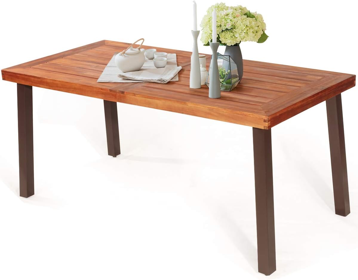 Acacia Wood Patio Dining Table with Umbrella Hole - Rustic Outdoor Picnic Table