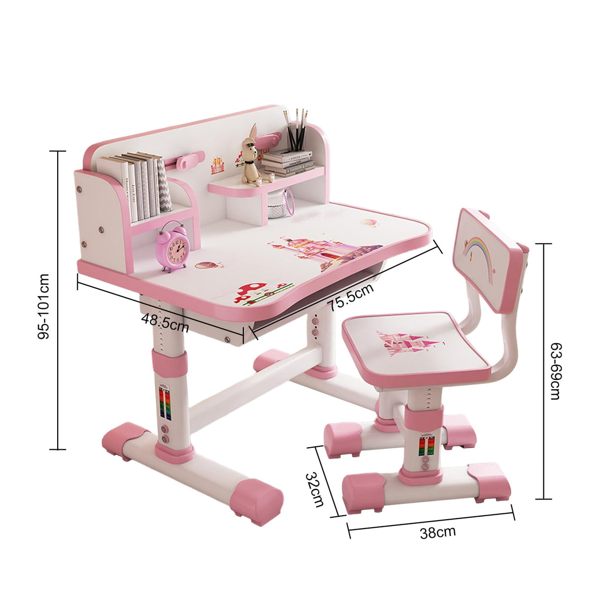 Desk and Chair Set- Height Adjustable Children School Study Desk with Castle Backboard