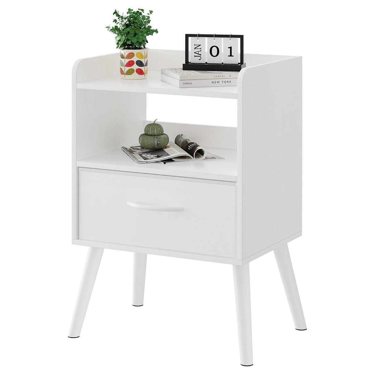 White Nightstand with Open Shelf,Small Night Stand