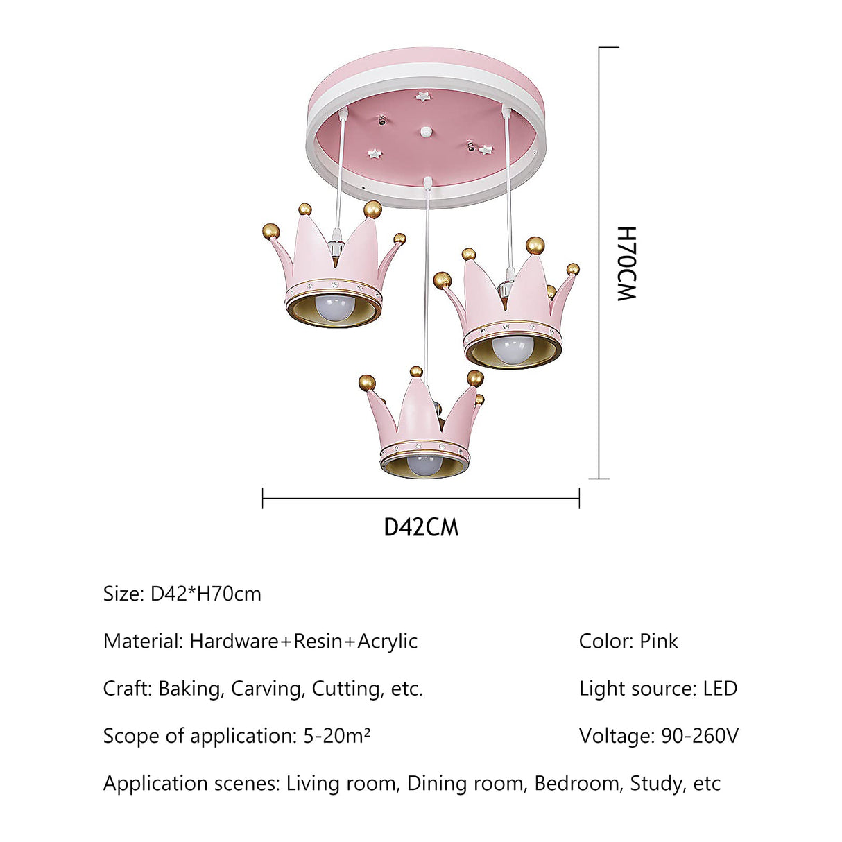 Pink Crown Chandelier for Kids Room - Modern Princess Pendant Light