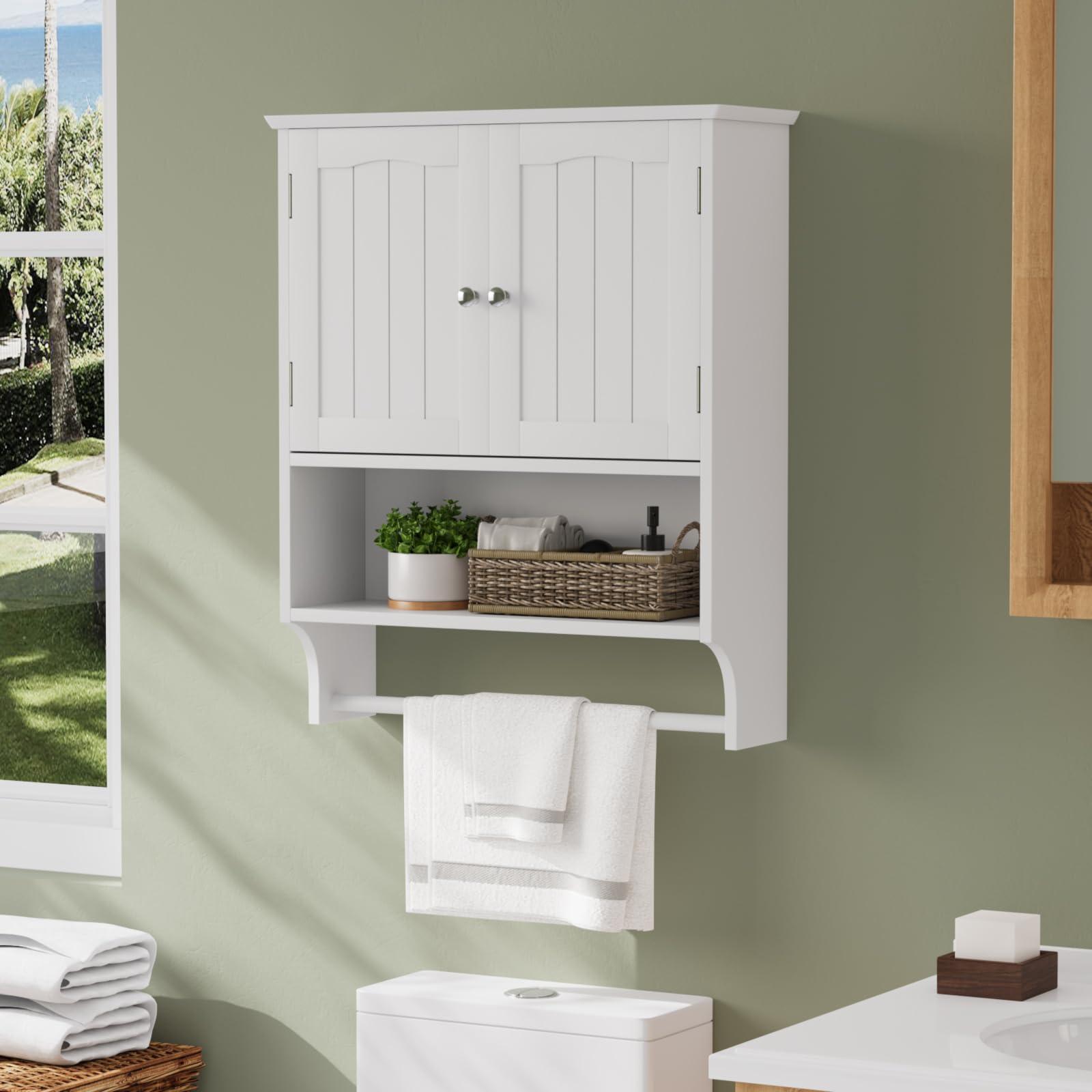 White Bathroom Cabinet Wall Mounted with Towels Bar, Bathroom Medicine Cabinet