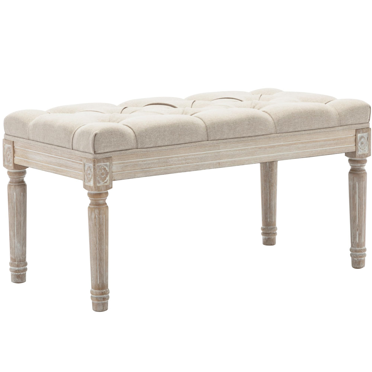 Upholstered Fabric Entryway Bench, Tufted Piano Bench for 2 People, Rubber Wood