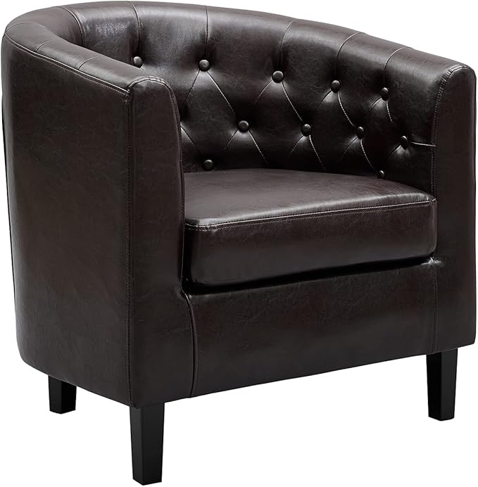 Emma Accent Chair, Button Tufted Faux Leather Barrel Chair, Midcentury Modern Accent