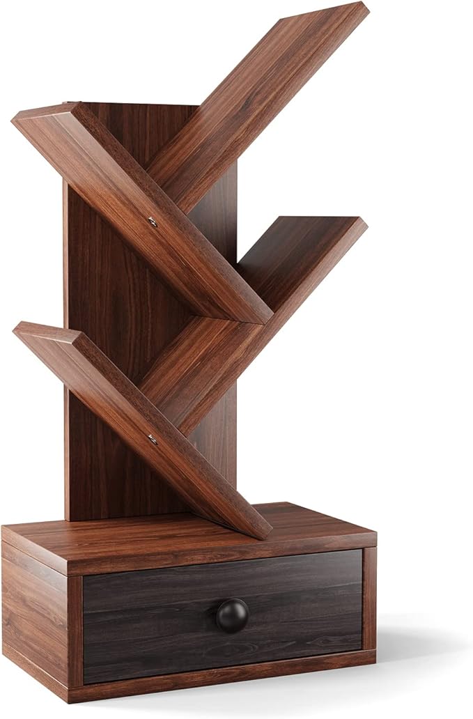 10-Tier Tree Bookshelf with Drawer - 59" Freestanding Space Saving Wooden Bookcase