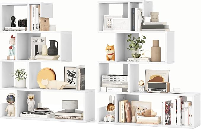 5-Tier S-Shaped Bookshelf, Geometric Bookcase w/Open Cubes, Modern Decorative Display Shelf w/Anti-Toppling Kits, Freestanding Storage Rack for Living Room, Study, Home, Office, White