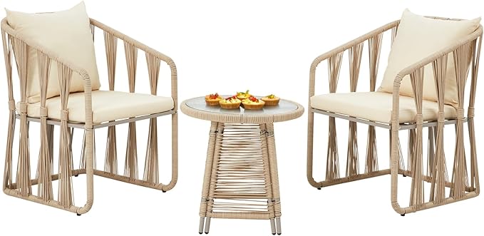3 Piece Patio Rattan Bistro Set, Outdoor All Weather Wicker Furniture Chairs