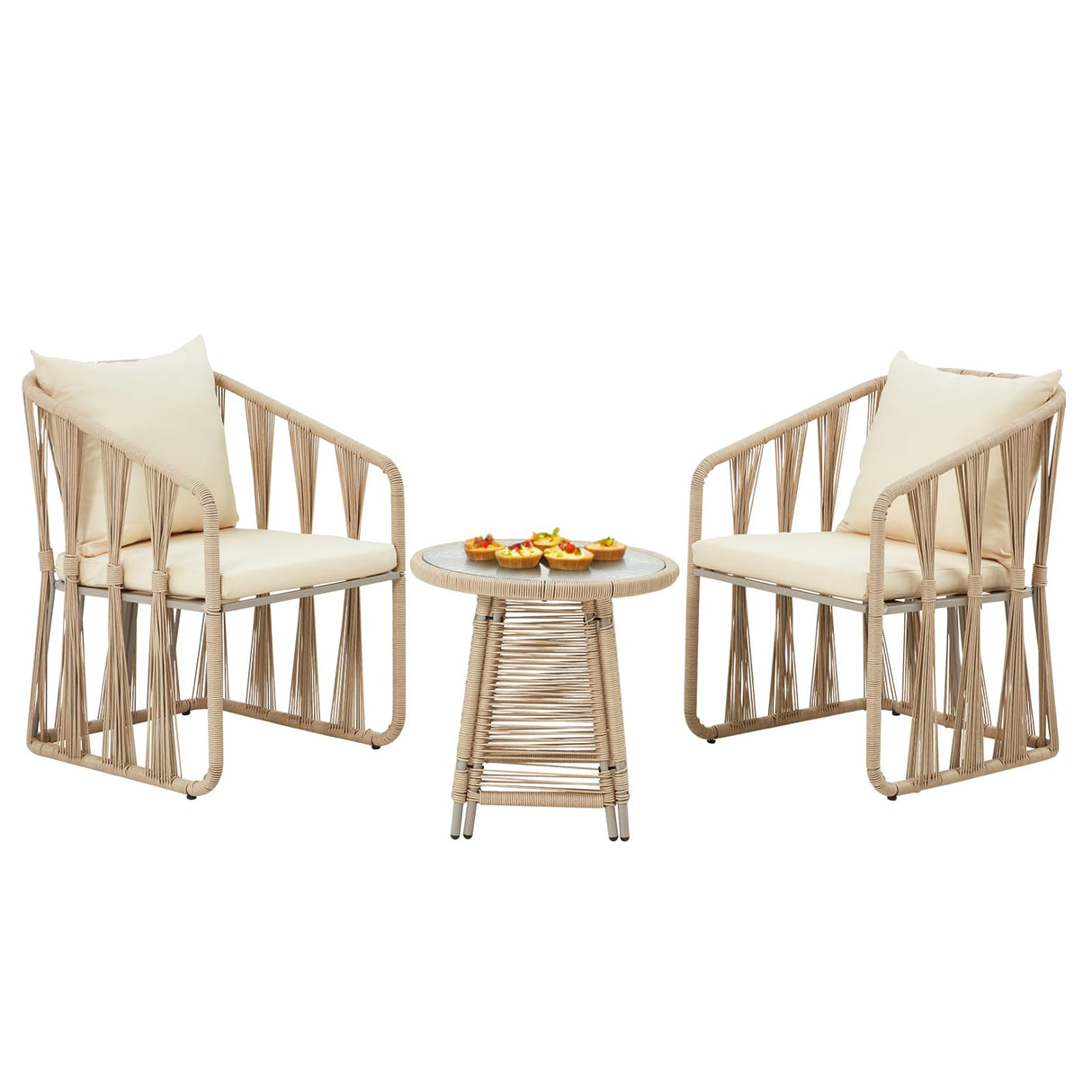 3 Piece Patio Rattan Bistro Set, Outdoor All Weather Wicker Furniture Chairs