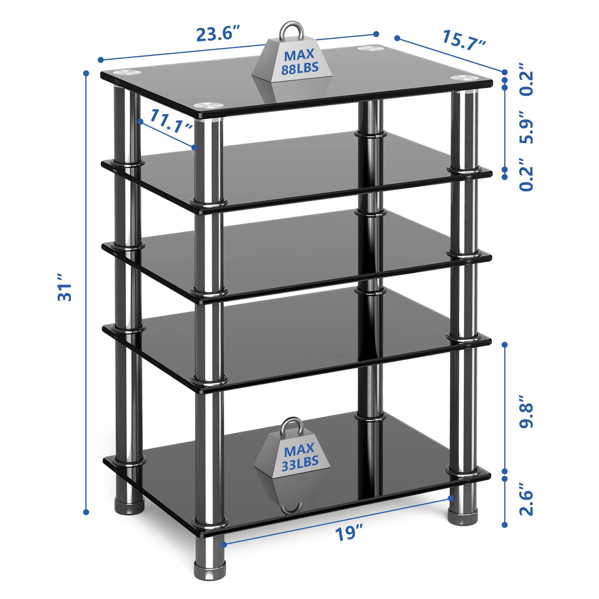 Audio-Video Media Stand with 5-Tier Tempered Glass Shelves, Modern AV Cabinet