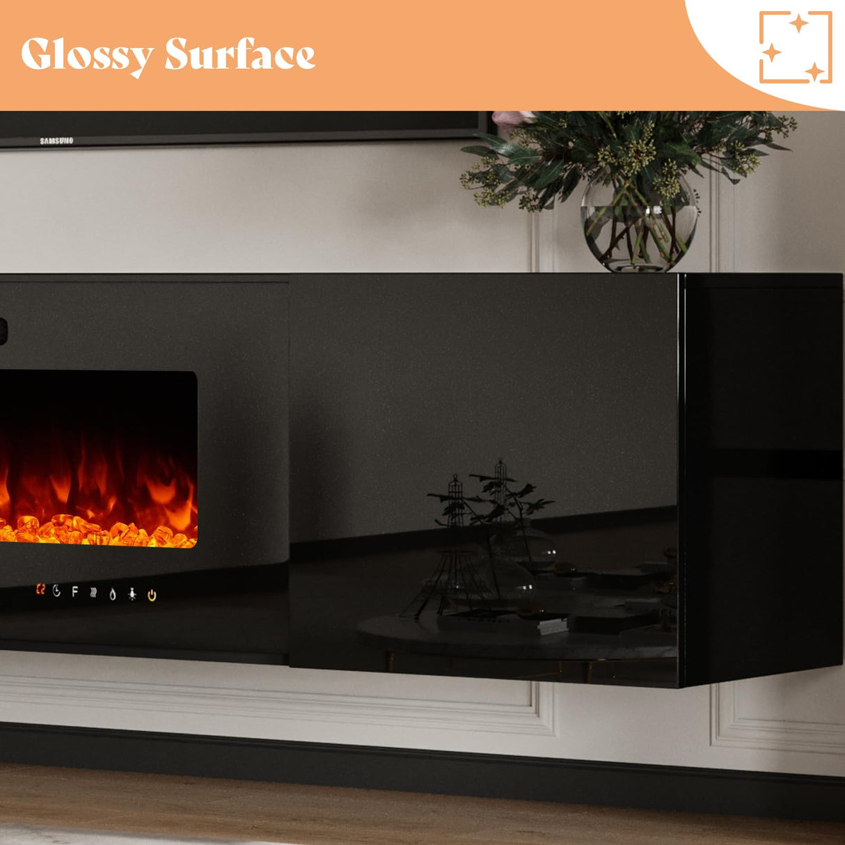 Floating Fireplace TV Stand, Wall Mounted Mirrored Entertainment Center