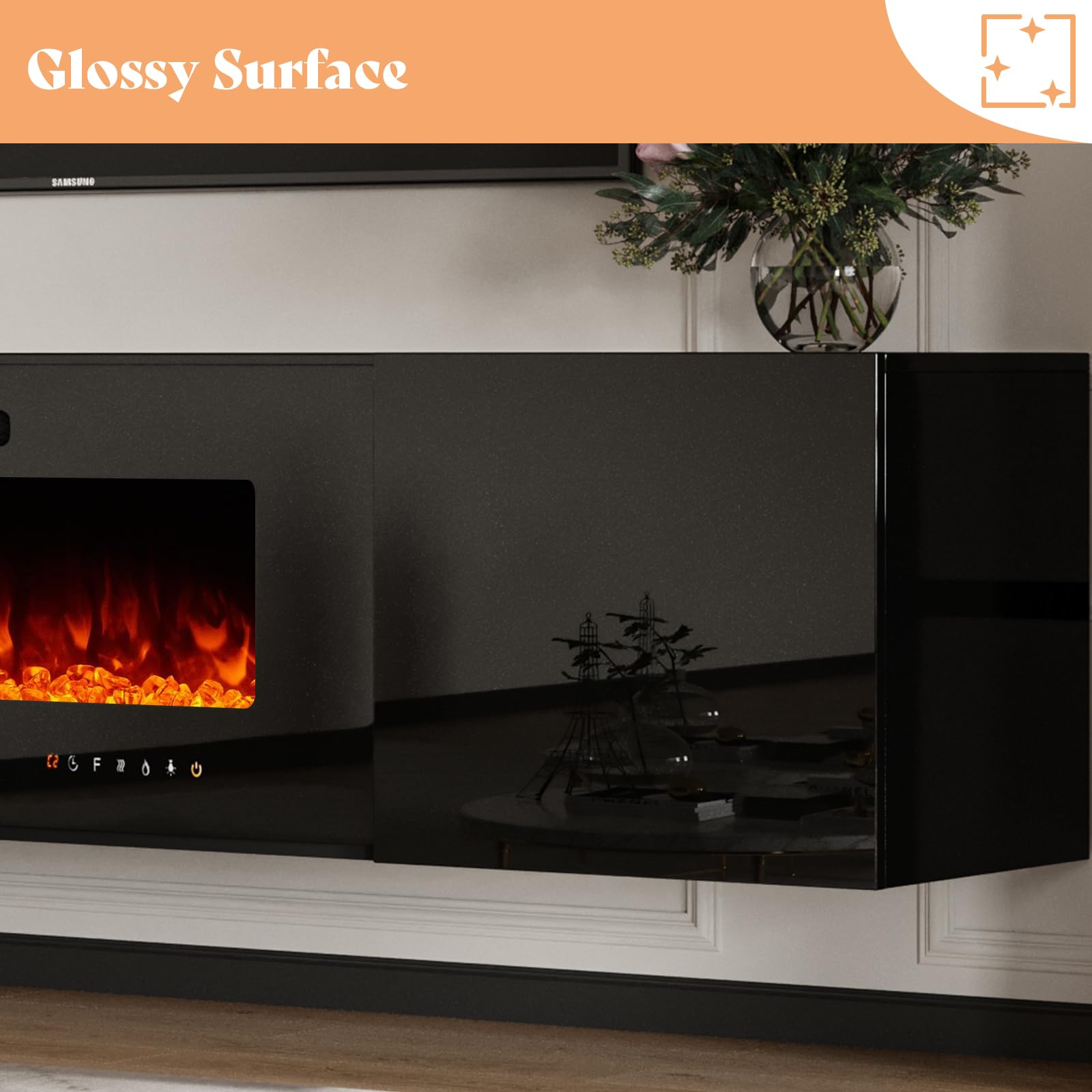 Floating Fireplace TV Stand, Wall Mounted Mirrored Entertainment Center