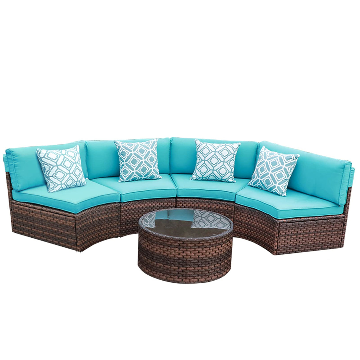 5 Piece Patio Furniture Set Half-Moon Outdoor All-Weather Wicker Sofa with Coffee Table