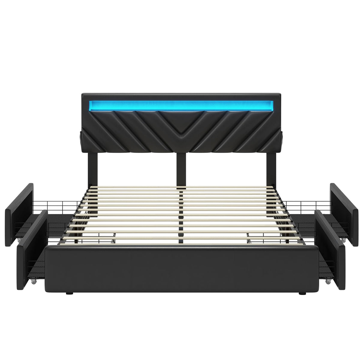 Full Bed Frame with LED Lights and Drawers, PU Leather Bed