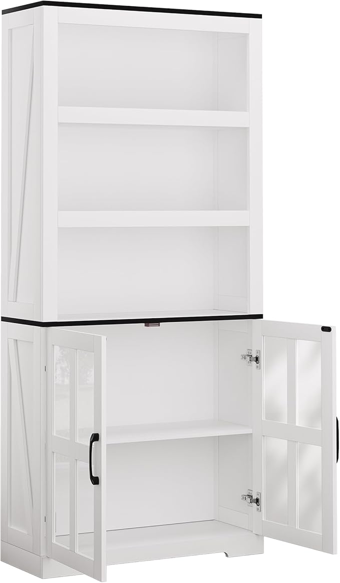 Bookshelf with Cabinet, 68.9'' Book Shelf with Door 5 Tier Farmhouse Bookshelf with Glass Window, Wood Bookcase Bookshelves Kitchen Pantry for Living Room Home Office Kitchen (Oak)