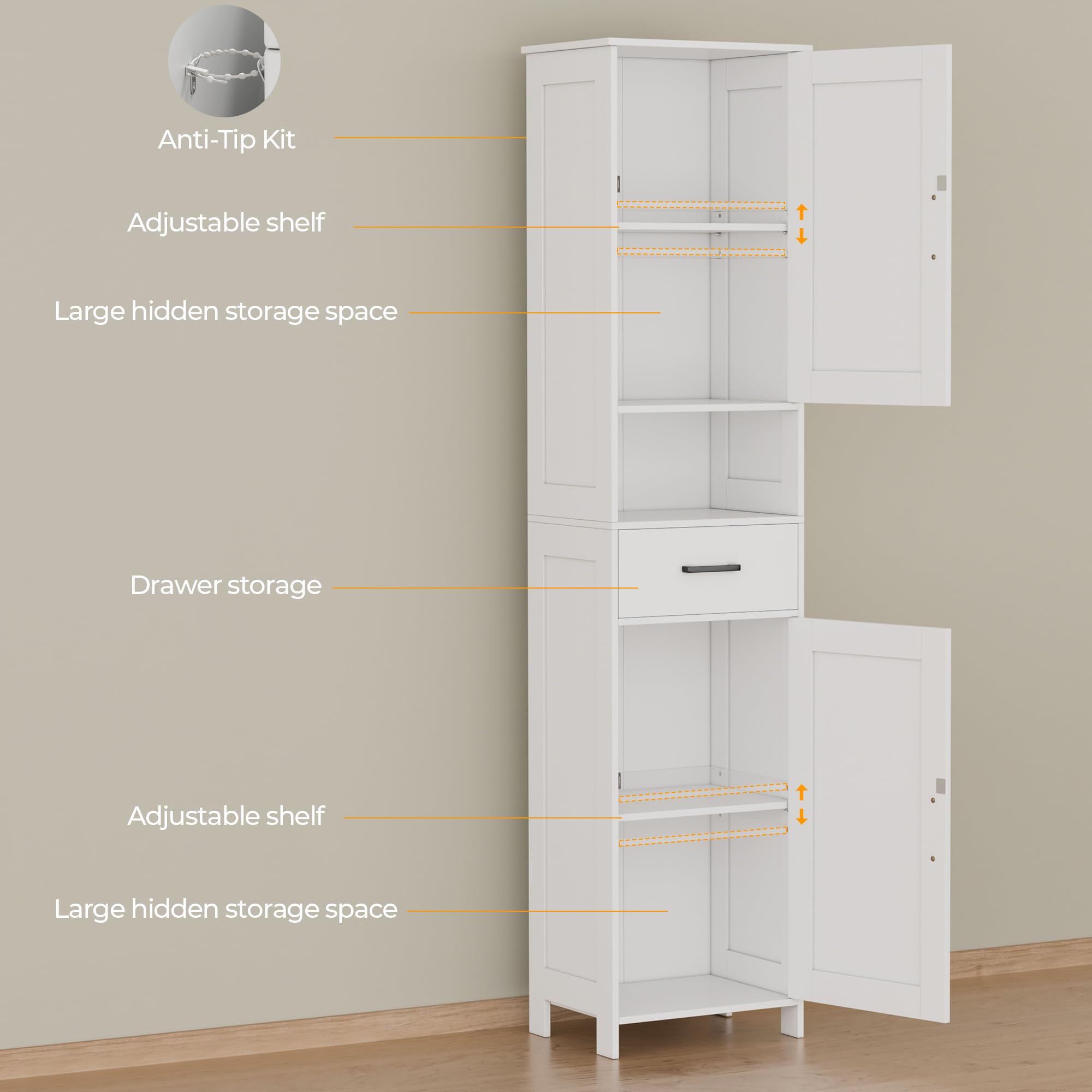 67" H Tall Bathroom Storage Cabinet with 2 Barn Doors and 1 Drawer, Narrow Storage Unit