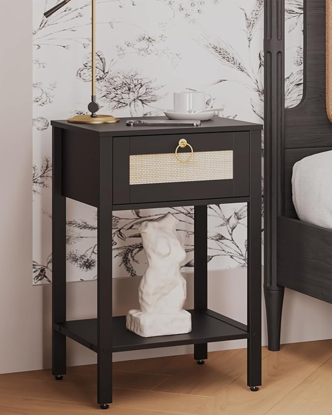 JOONEE Rattan Nightstand,White Modern Farmhouse Bedside Table with Storage Drawer and Shelf