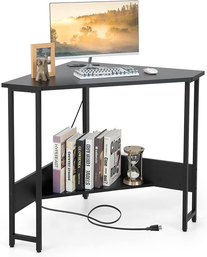 Corner Desk with Power Outlet, Triangle Computer Desk for Small Space