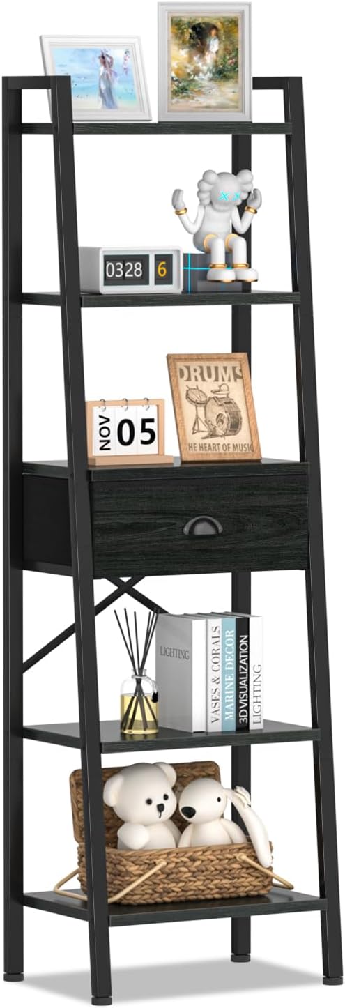 5 Tier Ladder Shelf with Drawer, Tall Bookshelf Storage Shelves, Bookcase Standing Shelf