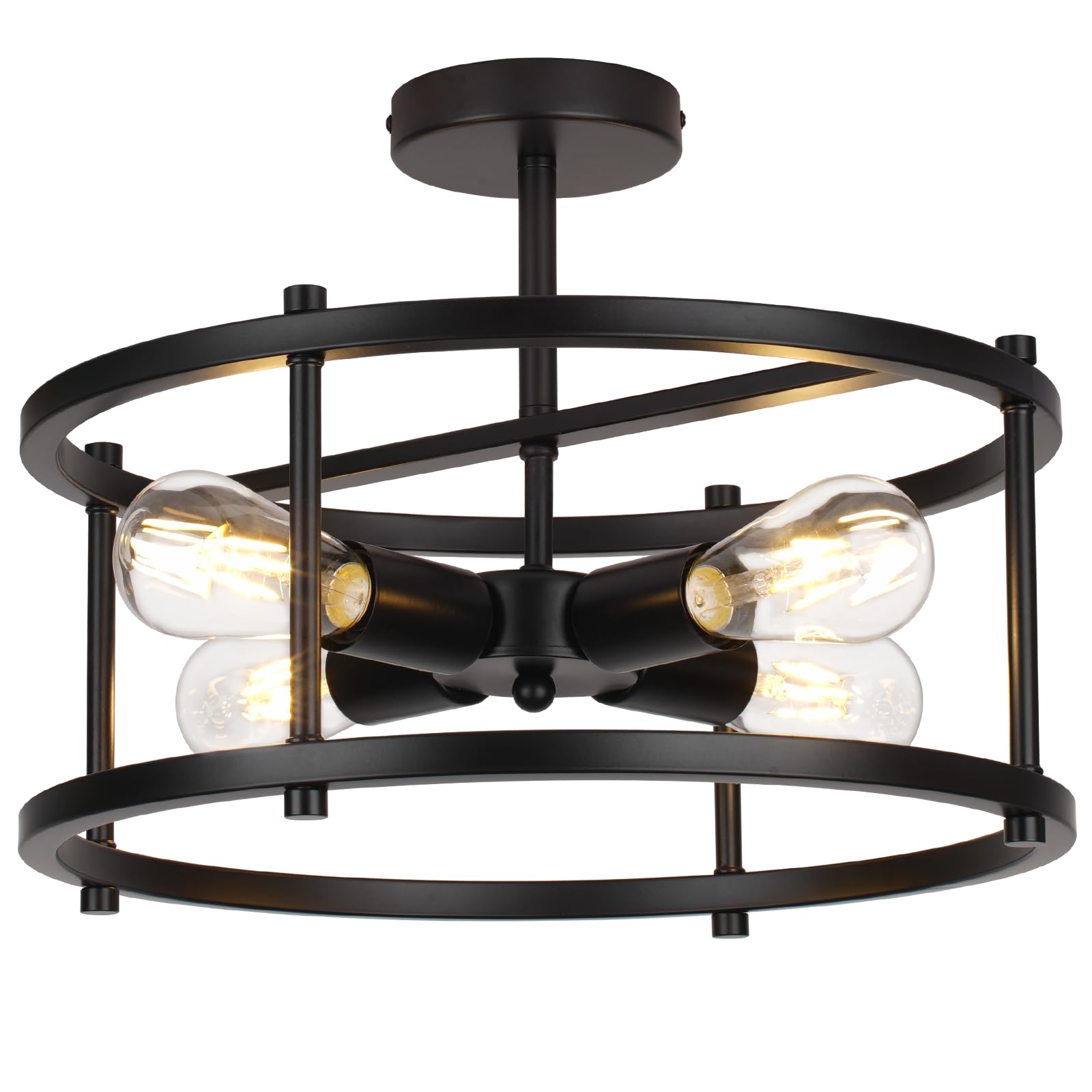 16" Semi Flush Mount 4-Light Industrial Ceiling Light, Black Chandelier