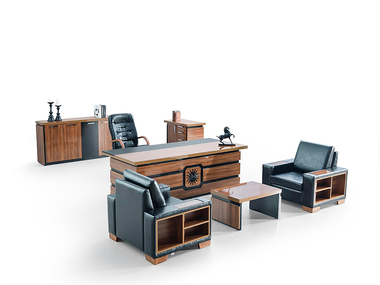 79" Wood Office Furniture Set of 4pcs | Executive Desk w/Leather Pad | File Drawers w/Telescopic Rail | Large Storage Cabinet w/Chrome Handles | Coffee Table | Sturdy Modern Home Workstation