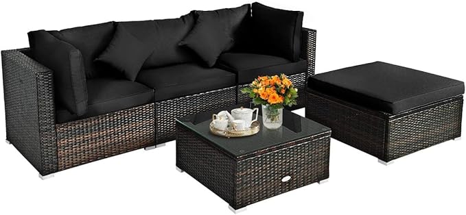 5-Piece Outdoor Patio Conversation Set with Cushions - Rattan Wicker Sectional Sofa & Coffee Table
