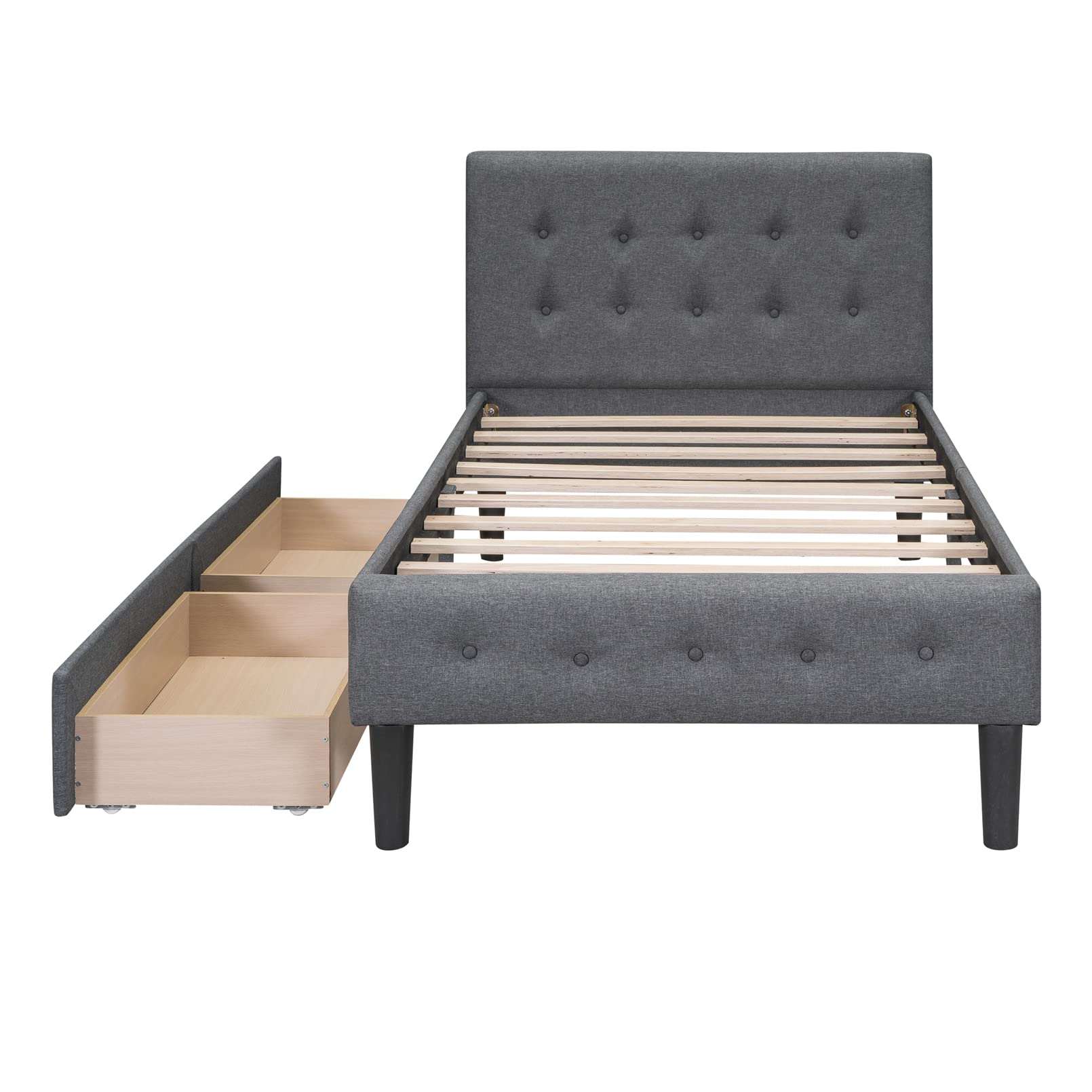 Twin Size Wooden Upholstered Platform Bed Frames with 2 Storage Drawers