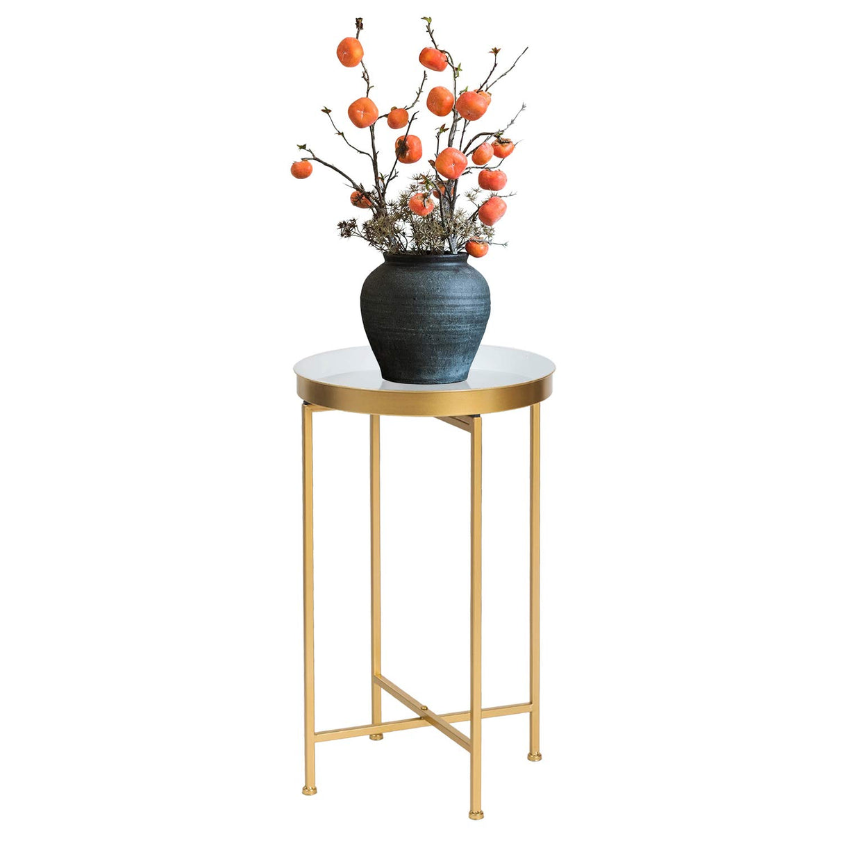 Modern Round Side End Accent Table 25.7 inch Tall for Living Room (Gold, White Tray)