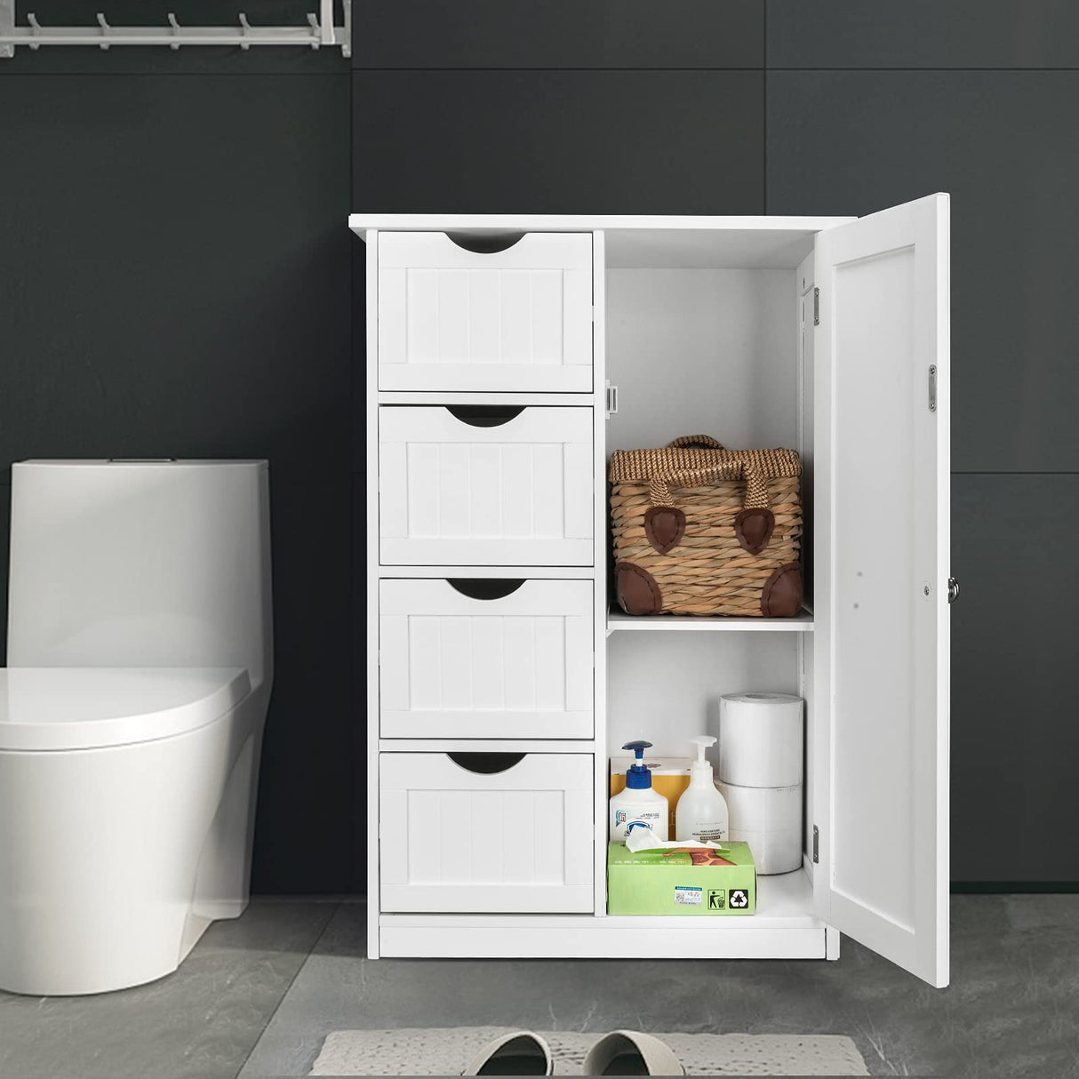 Storage Cabinet Wooden Bathroom Floor Cabinet Small Space Furniture White Side Storage Organizer