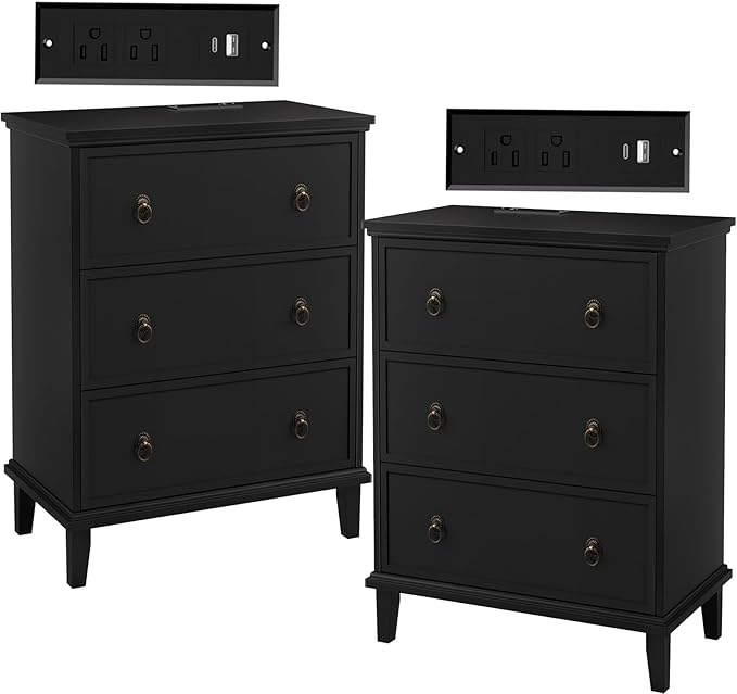 Large Black Nightstand with Charging Station, 3 Drawers Nightstand 29.8" X 27.6"